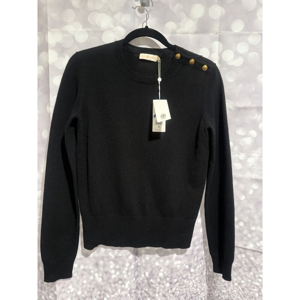 NWT  Tory Burch Shoulder Placket Black Cashmere Sweater - Small $398